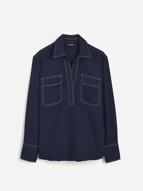Madewell Blue Contrast Stitch Popover Long Sleeve Shirt Patch Pocket - Size M